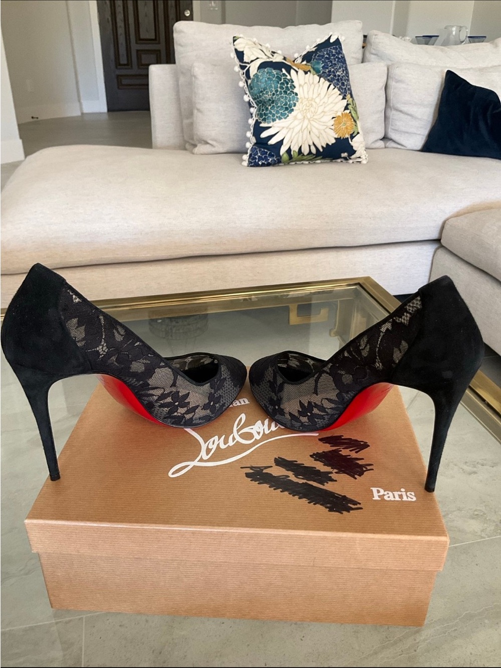 Christian Louboutin Dorissima 100 black lace and suede heels, 39.5 - Picture 5 of 10